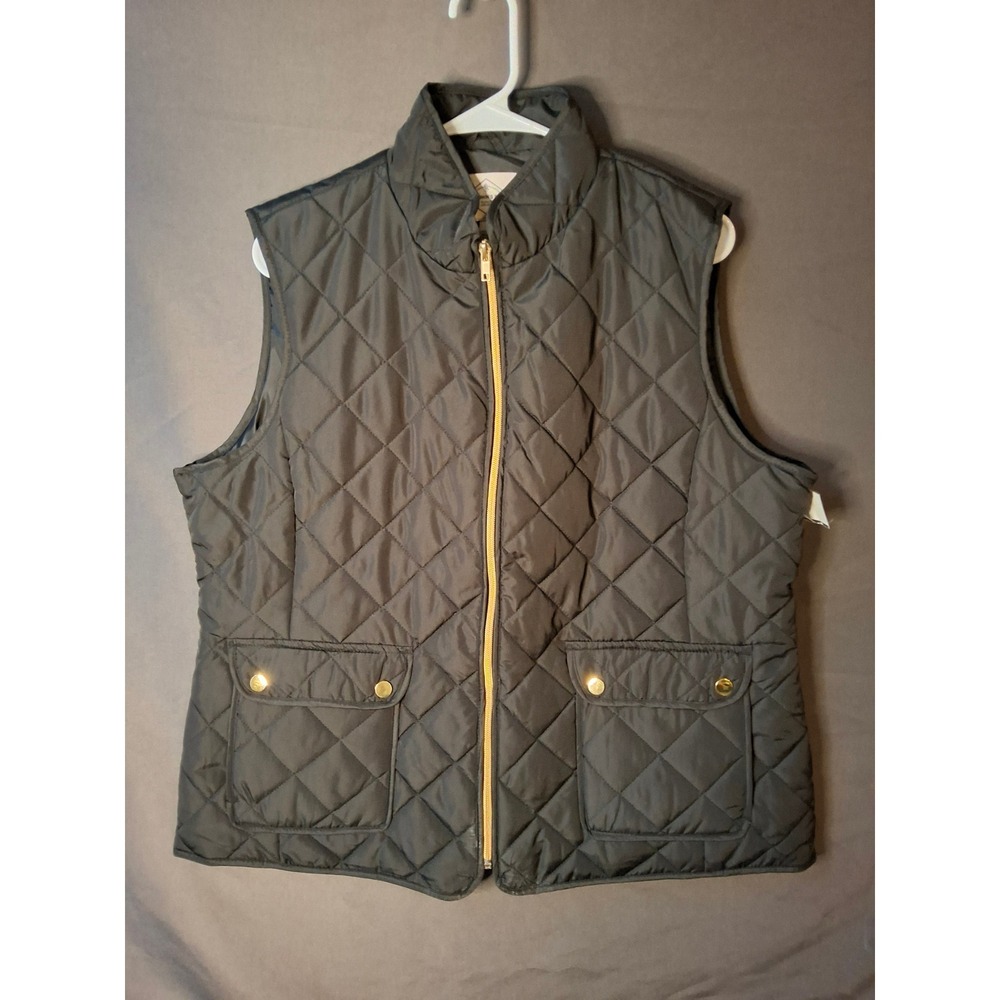 St. John's Bay Women Black Quilted Vest Full Zip Gold Hardware XL NWT